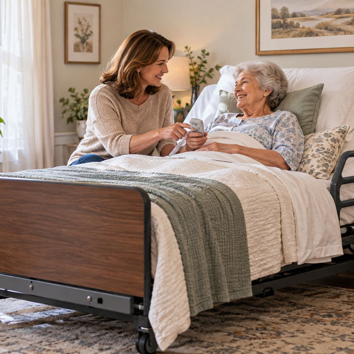 Older woman resting in an adjustable home hospital bed while her daughter helps her use the hand control.