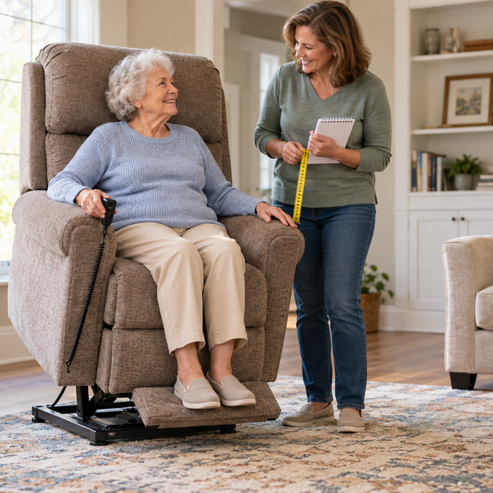 Older woman testing a power lift-chair recliner with her adult daughter in a comfortable living room.