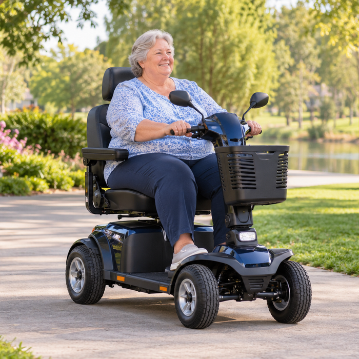 Larger-bodied older woman riding a heavy-duty four-wheel mobility scooter on a paved park path.