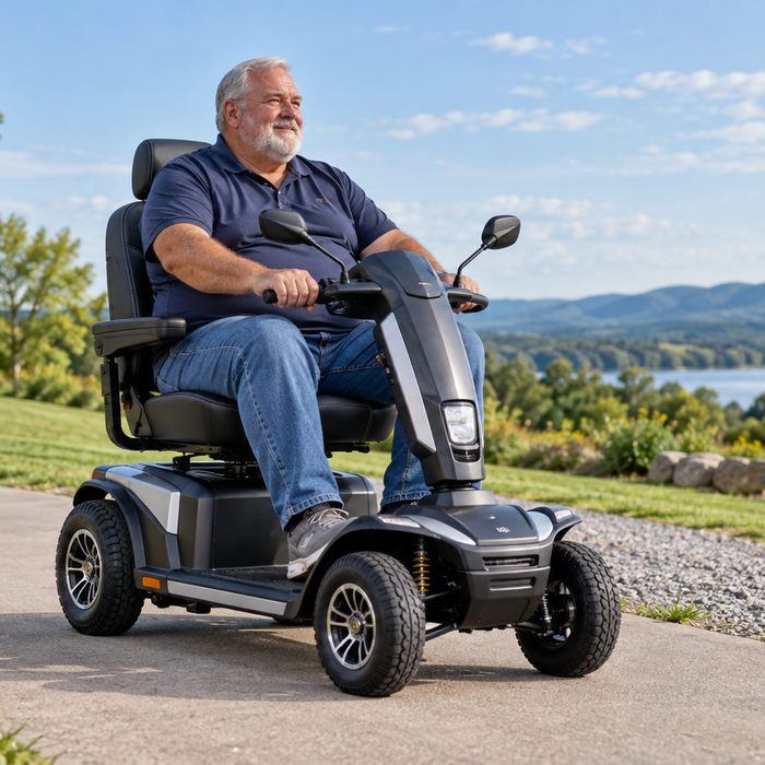 Tall, broad-built older man riding a heavy-duty four-wheel mobility scooter on a paved outdoor path.