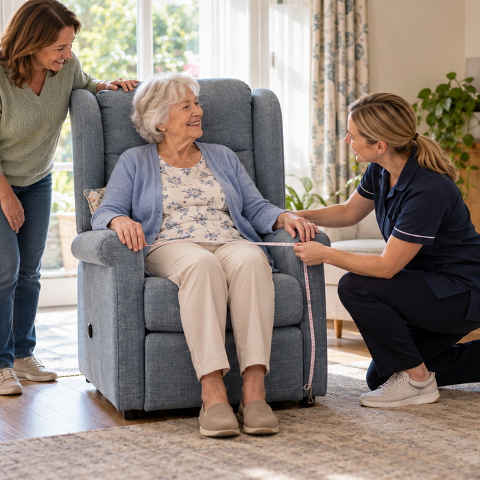 Older woman seated in a supportive homecare chair while her daughter and an occupational therapist assess the chair’s fit.