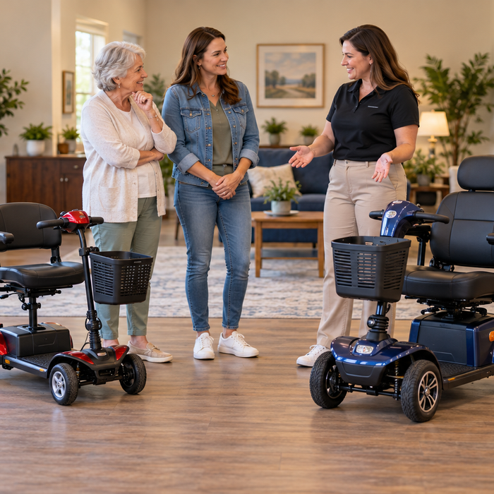 Older woman and her daughter comparing two mobility scooters with a mobility specialist in a home-like consultation studio.
