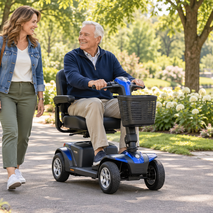 Older man riding a four-wheel mobility scooter on a paved park path while his adult daughter walks beside him.