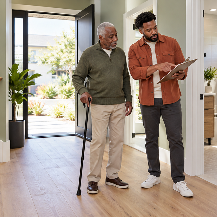 Older man and his adult son reviewing a home-safety checklist beside an accessible bathroom, secure stair handrail, and uncluttered entryway.