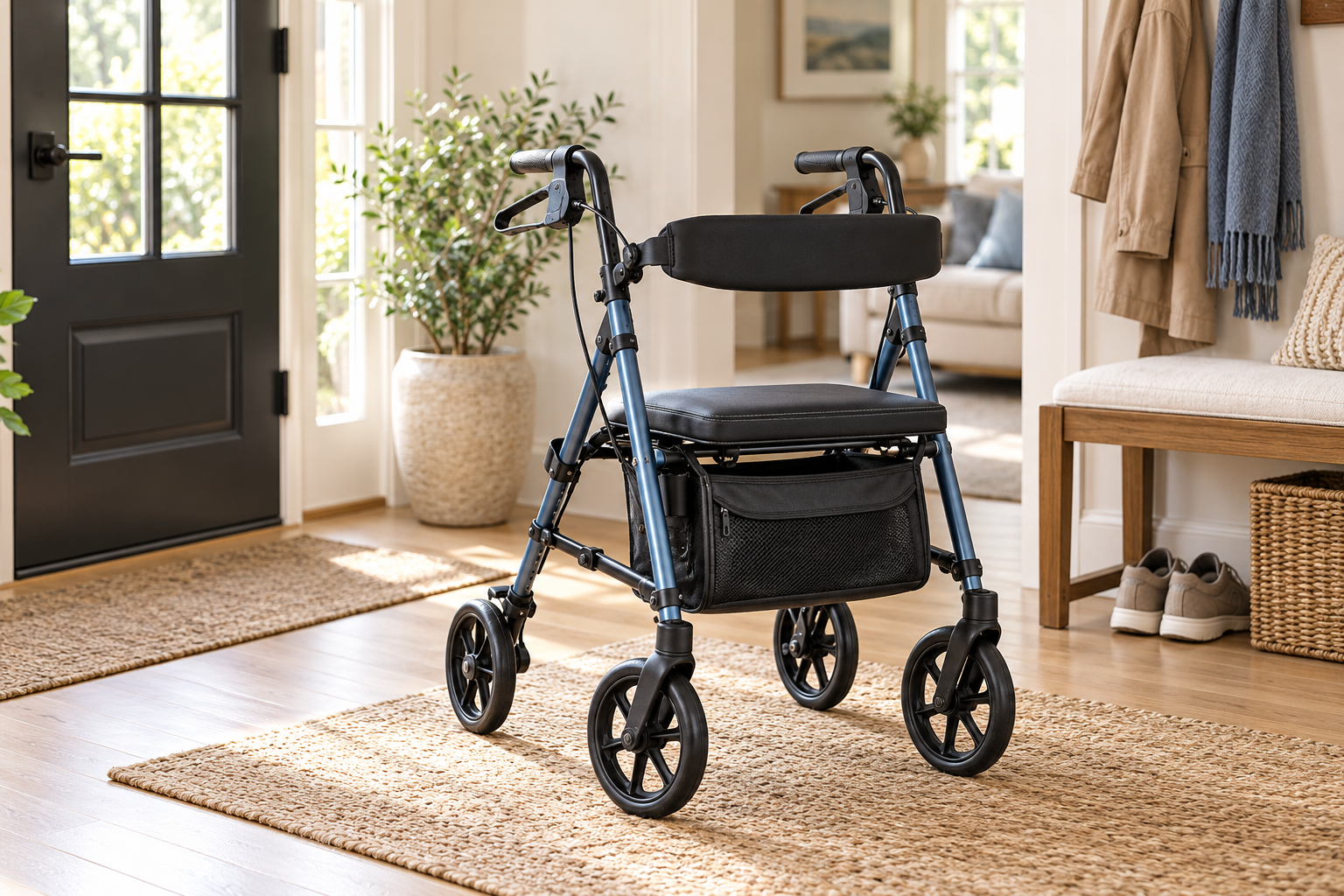 Lightweight four-wheel rollator walker with a seat, backrest, and storage pouch in a bright home entryway.