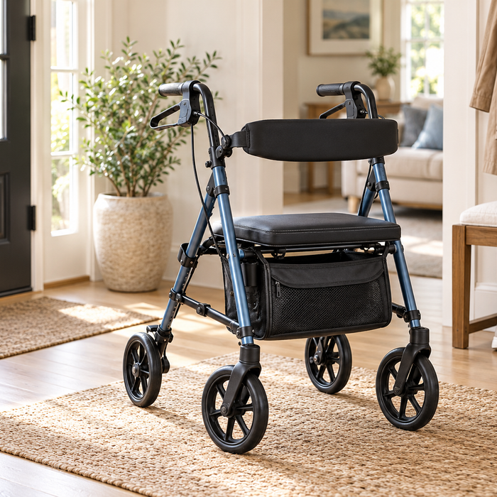 Lightweight four-wheel rollator walker with a seat, backrest, and storage pouch in a bright home entryway.