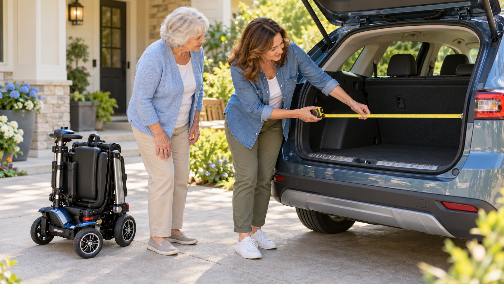 Older woman and her adult daughter measuring a vehicle’s cOlder woman and her adult daughter measuring an SUV cargo area beside a folded lightweight mobility scooter.