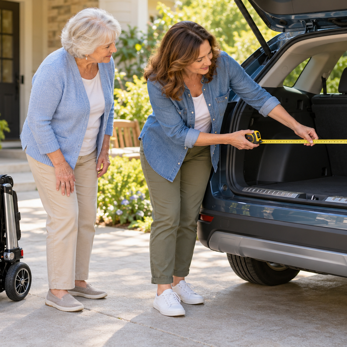 Older woman and her adult daughter measuring a vehicle’s cOlder woman and her adult daughter measuring an SUV cargo area beside a folded lightweight mobility scooter.