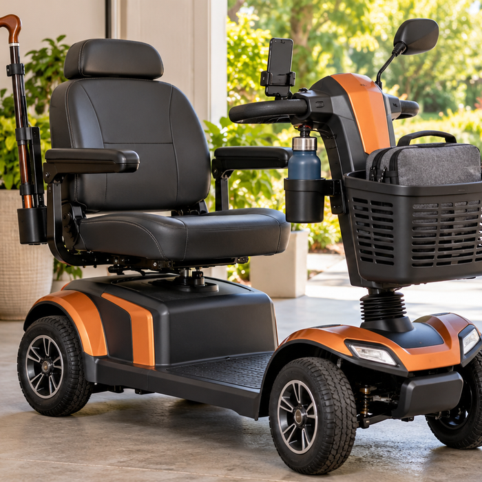 Four-wheel mobility scooter equipped with a basket, mirror, phone mount, cup holder, cane holder, and folded protective cover.