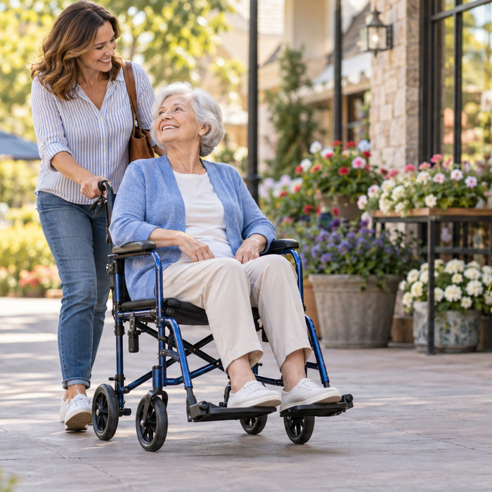 Older woman seated in a lightweight transport chair while her adult daughter pushes her along a paved outdoor walkway.