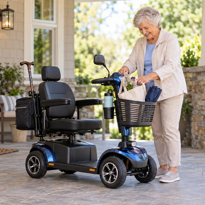 Older woman preparing a mobility scooter equipped with a basket, cup holder, cane holder, and storage bag.