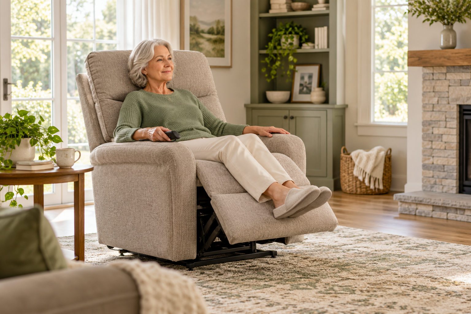 Older woman relaxing in a powered lift recliner in a bright, uncluttered living room.