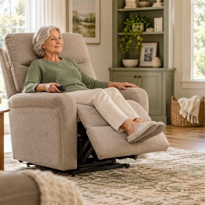Older woman relaxing in a powered lift recliner in a bright, uncluttered living room.
