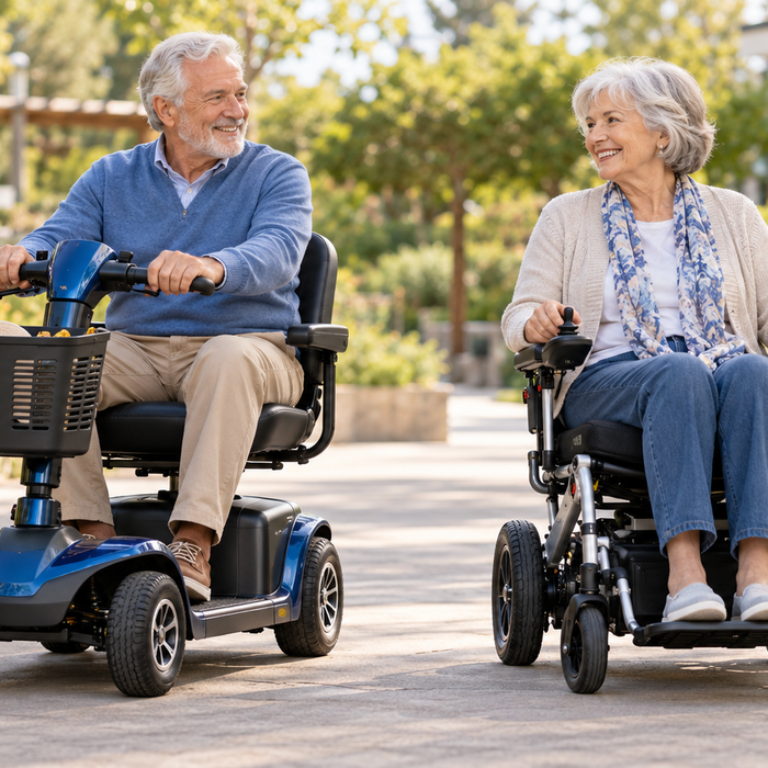 Older adults using a four-wheel mobility scooter and a joystick-controlled power wheelchair on an accessible garden path.