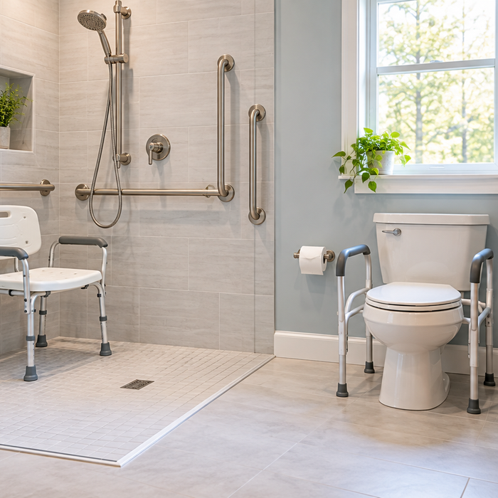 Accessible home bathroom with a shower chair, securely mounted grab bars, handheld showerhead, nonslip shower floor, and toilet safety support.