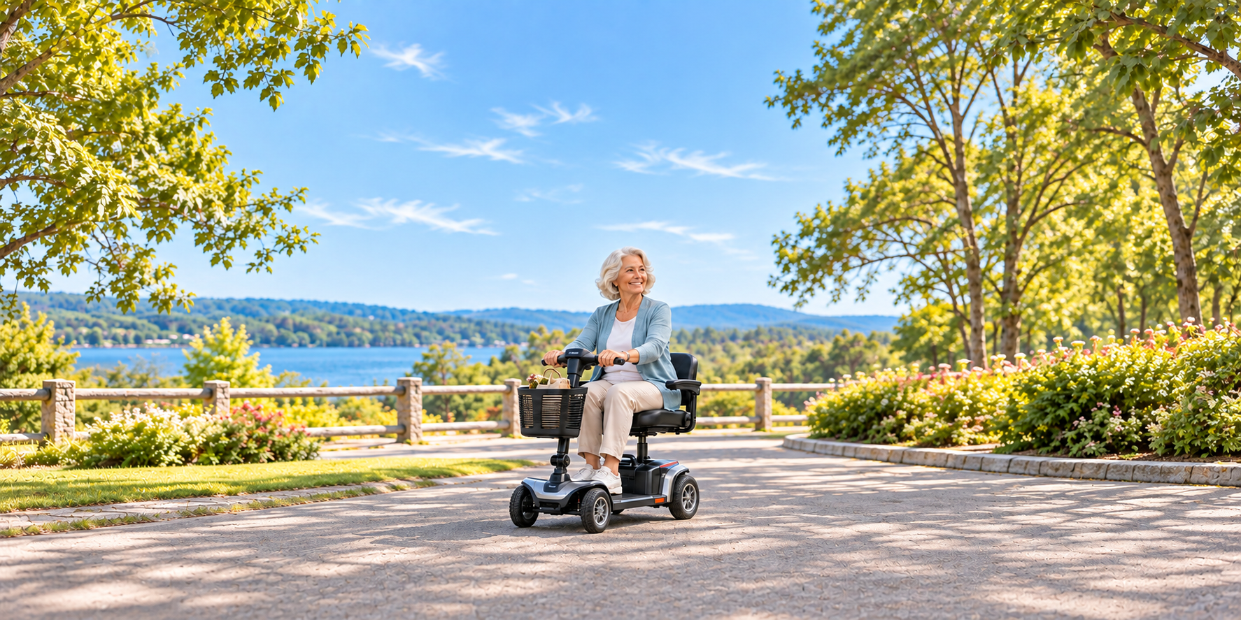 Senior woman riding a folding mobility scooter on a scenic outdoor path.
