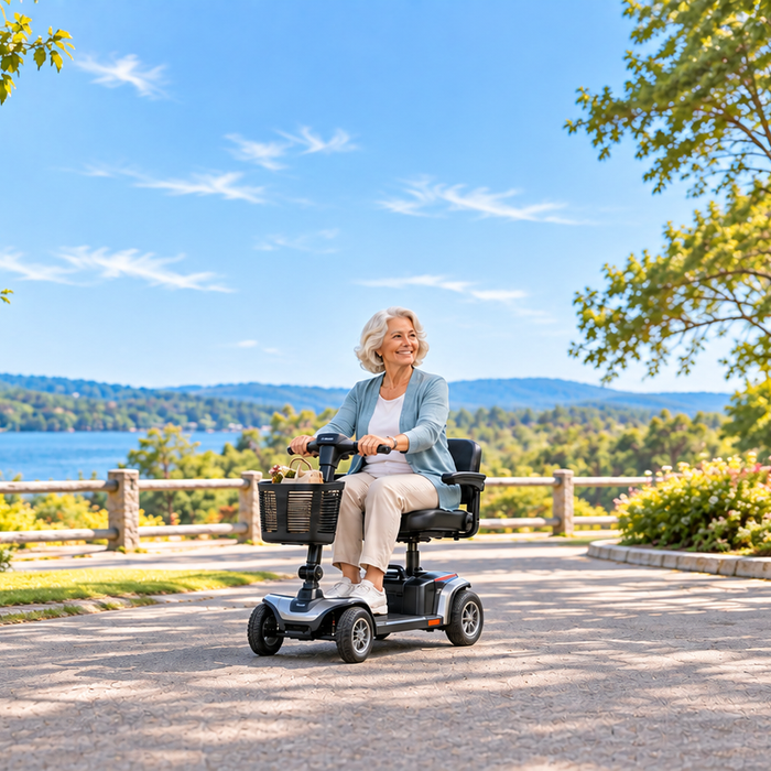 Senior woman riding a folding mobility scooter on a scenic outdoor path.