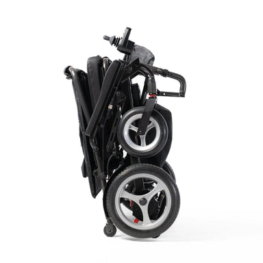 A folded black electric wheelchair shown from the side against a plain white background.
