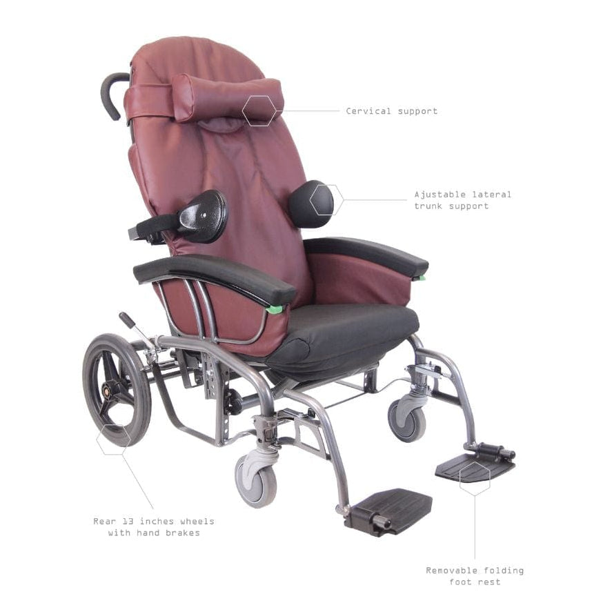 Maroon wheelchair with labeled features on a white background