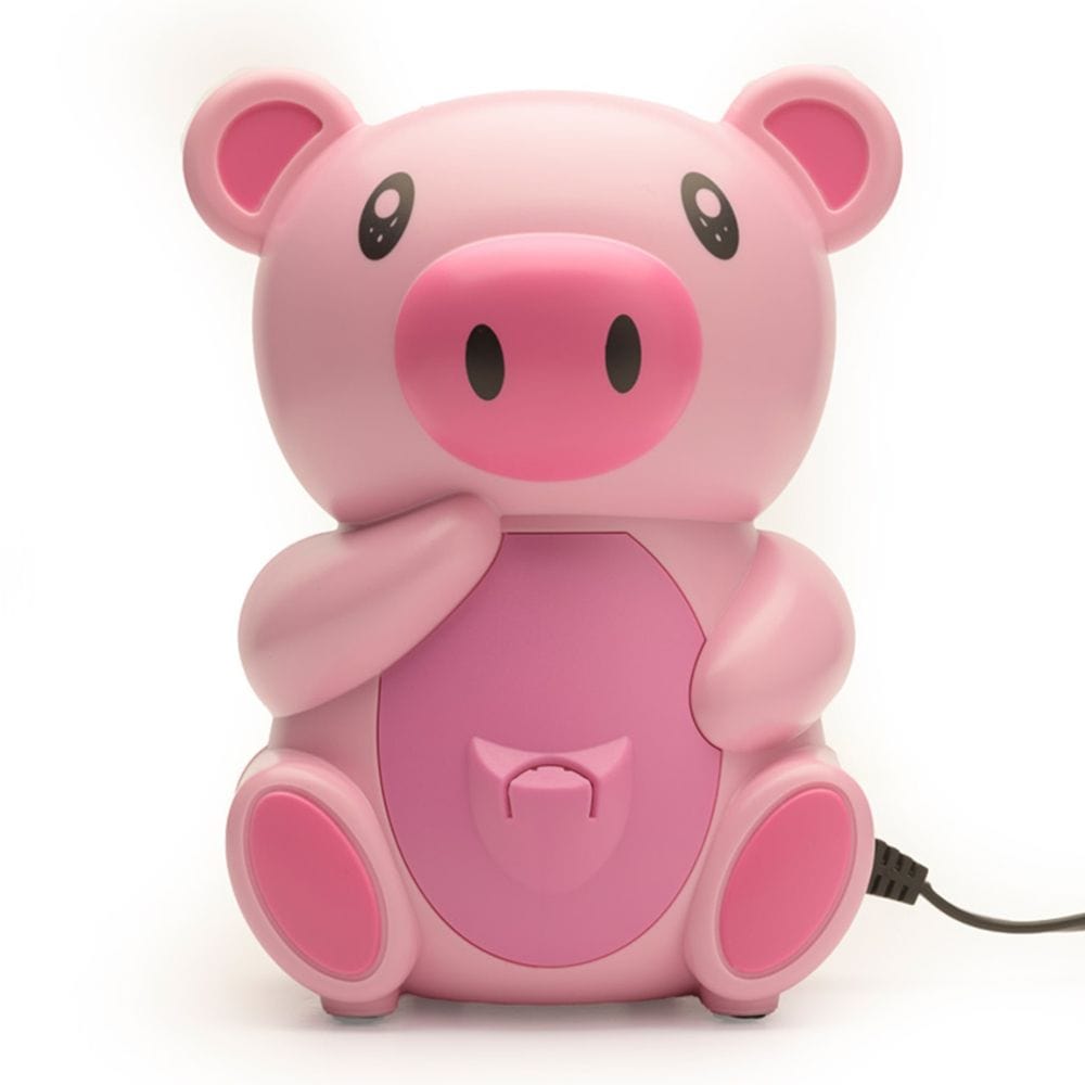 Pink pig-shaped device with a cable on a white background