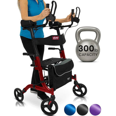 Red and black walker with a person using it, next to a silver kettlebell labeled '300 lb capacity' on a white background.