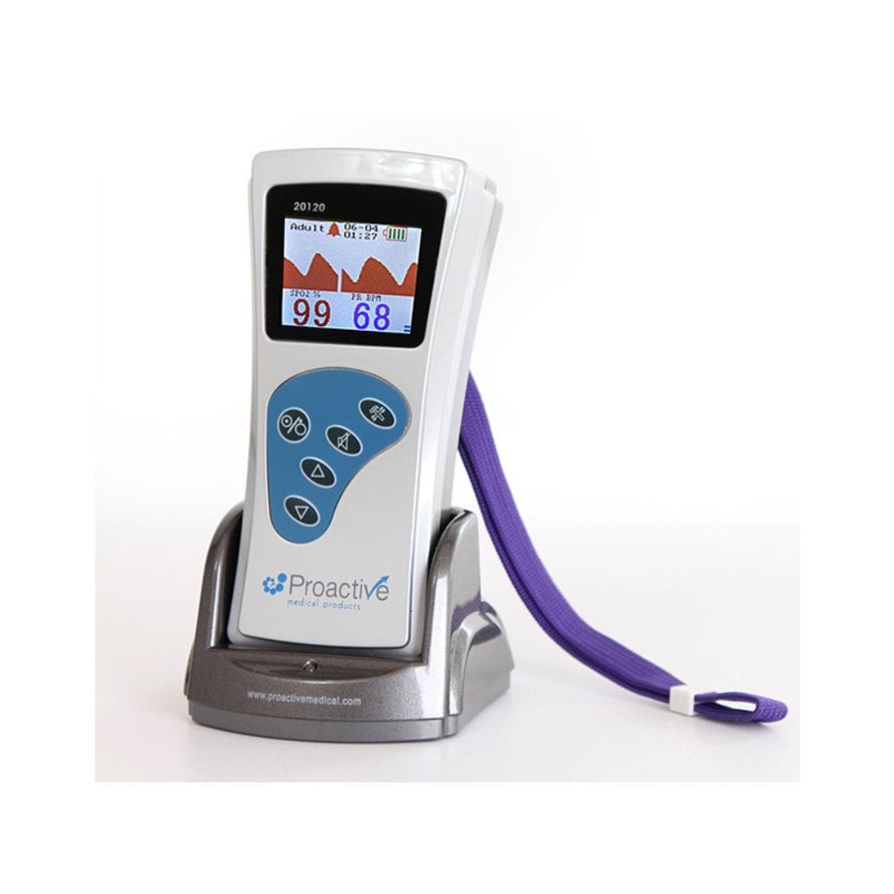 Medical device with digital display and purple strap on a white background
