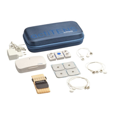 TENS electronic device kit with blue case on a white background