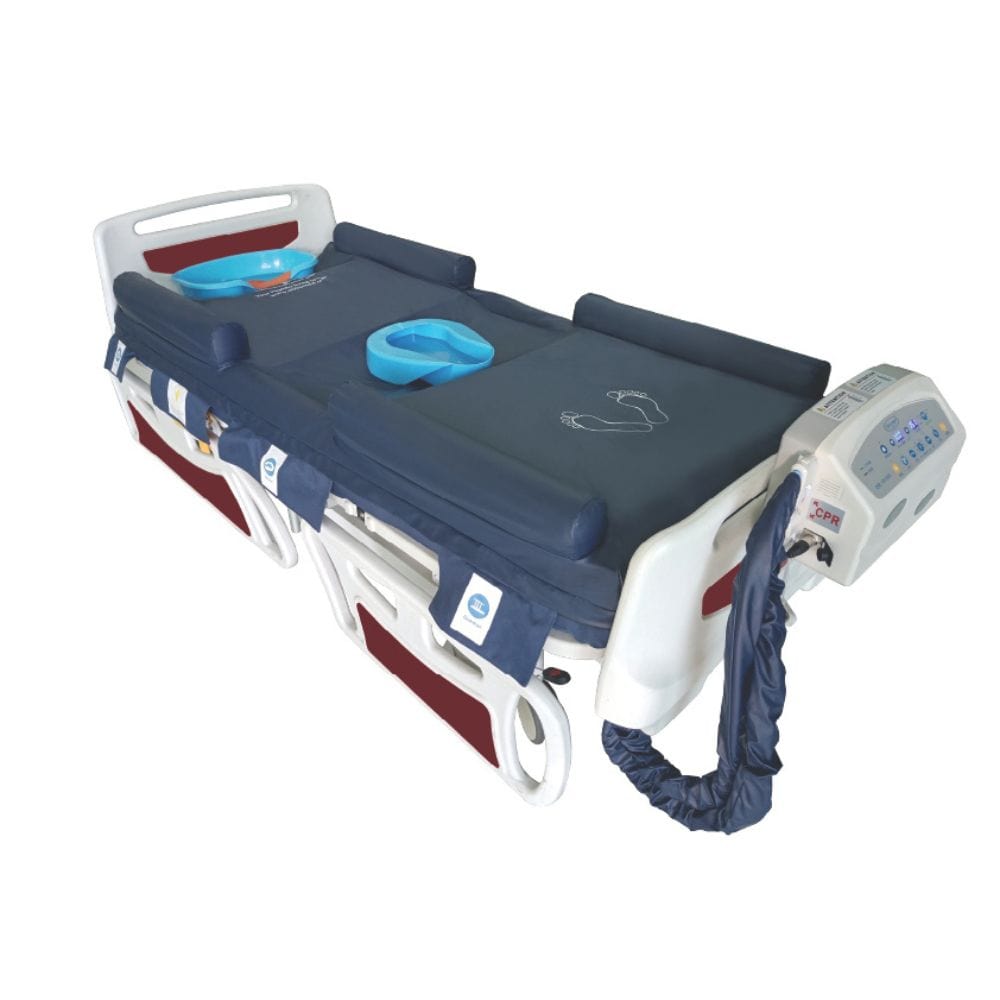 Medical stretcher with blue straps and equipment on a white background