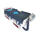 Medical stretcher with blue straps and equipment on a white background