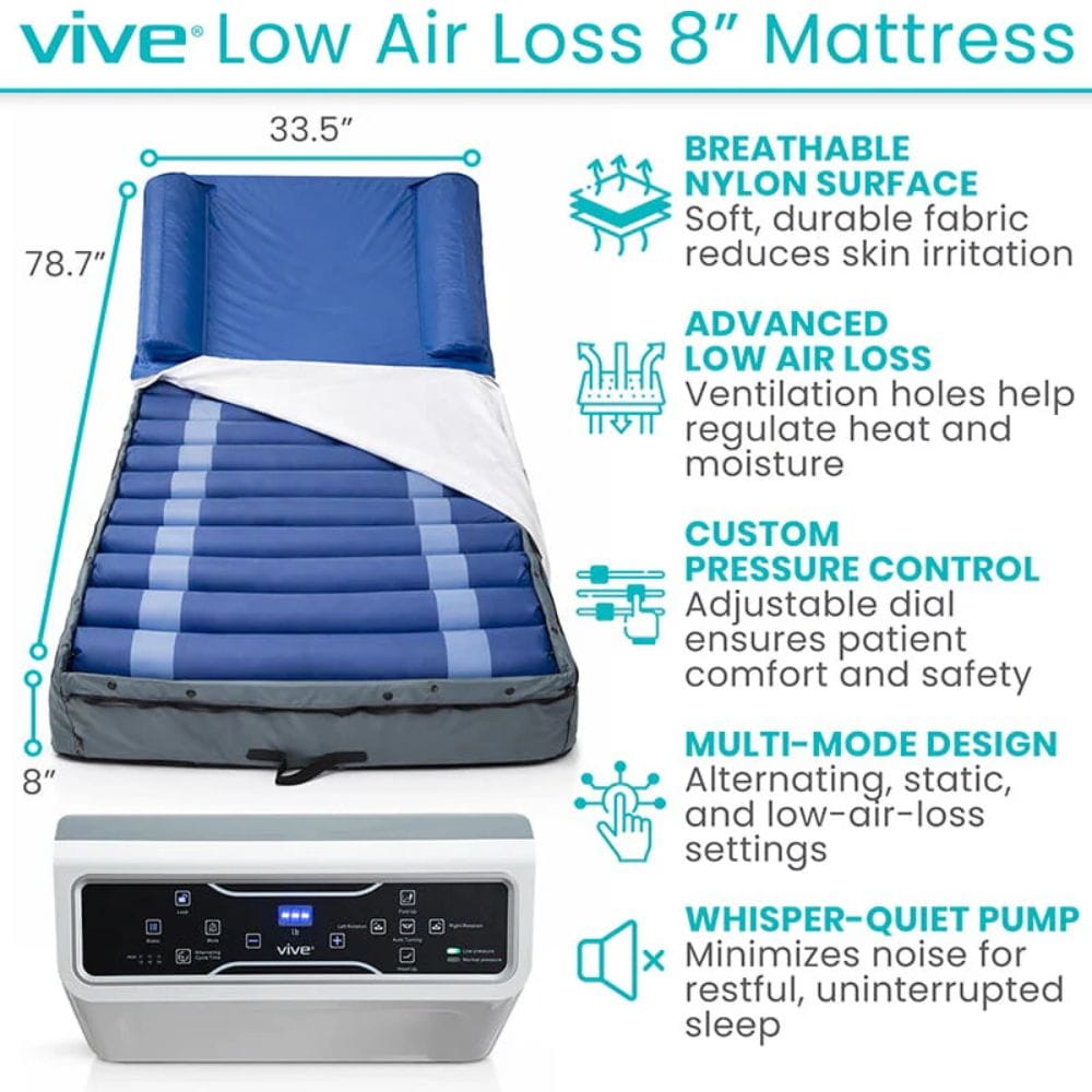 Vive Low Air Loss 8-inch mattress with features listed on a white background