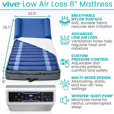 Vive Low Air Loss 8-inch mattress with features listed on a white background