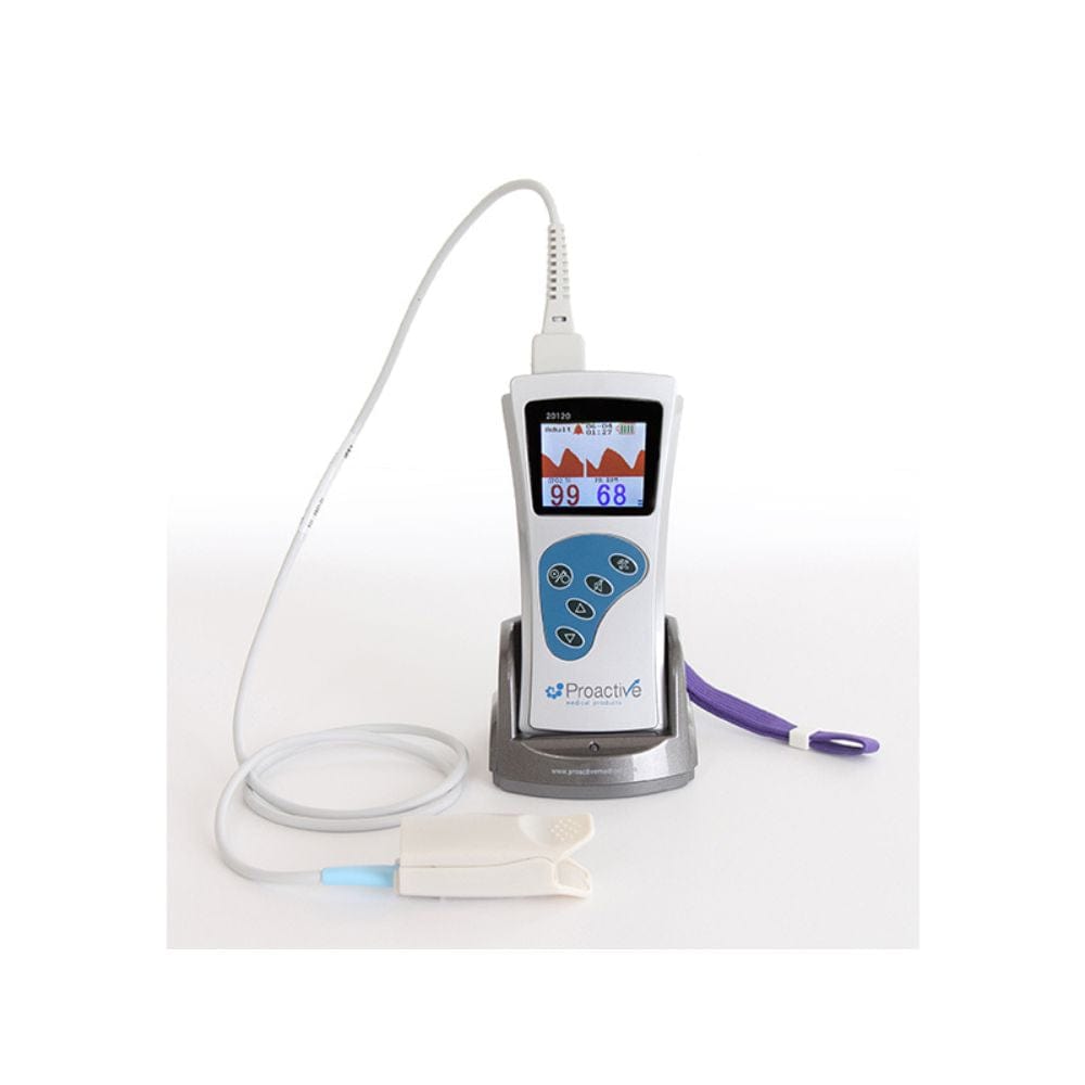 Medical device with digital display and cables on a white background