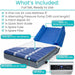 Blue inflatable mattress with pump and accessories on a white background