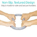 Two hands holding a gray handle with text about non-slip design on a white background