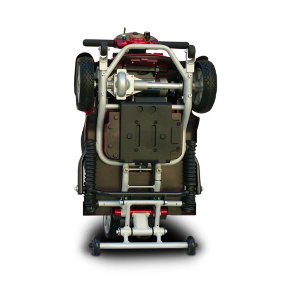 Back view of a mechanical device with wheels on a white background