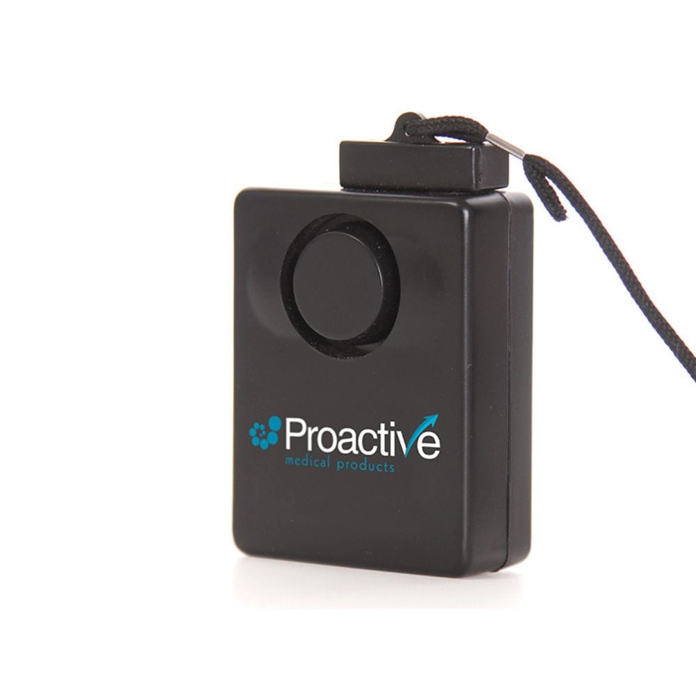 Black personal alarm with 'Proactive' logo on a white background