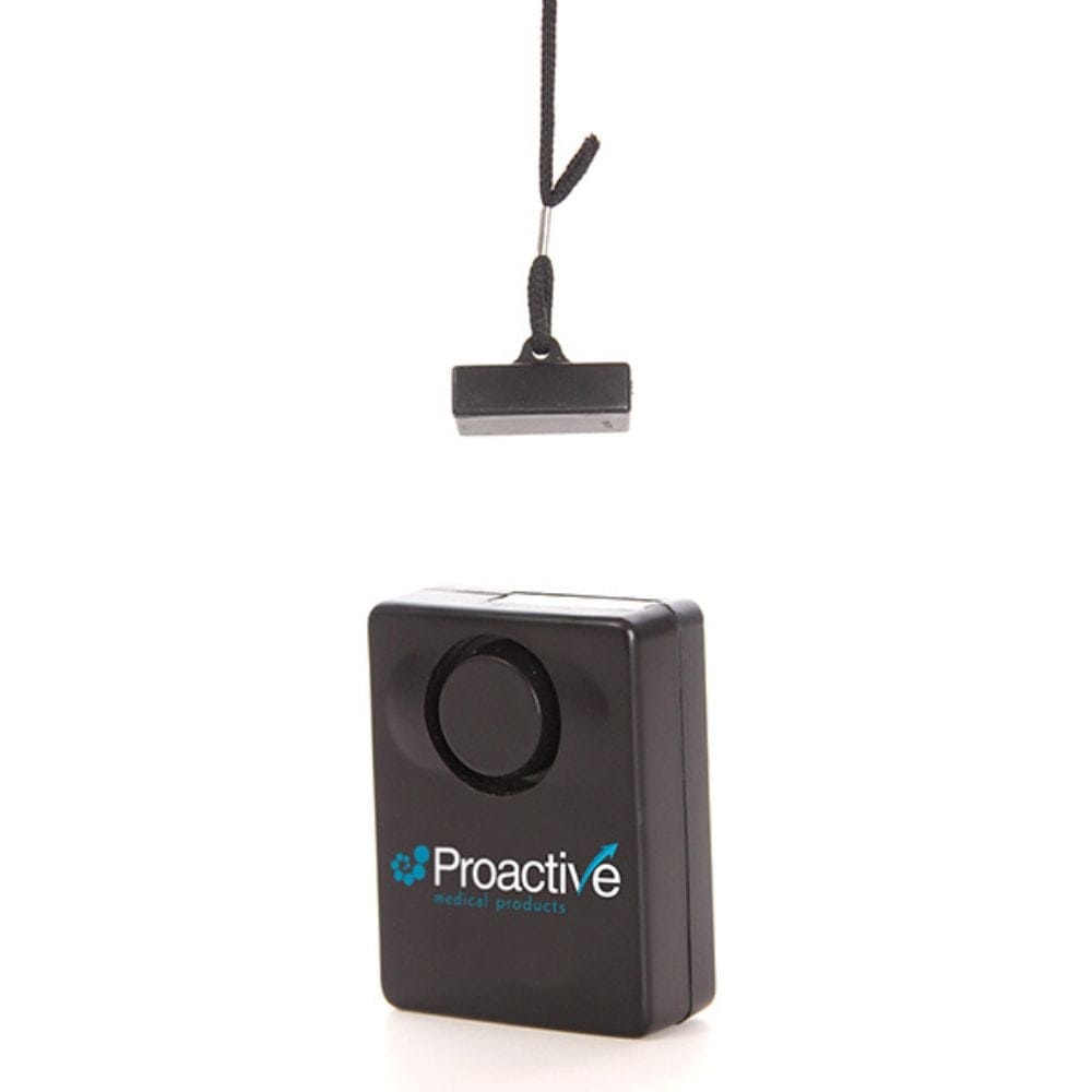 Black personal alarm with lanyard on a white background, featuring the Proactive logo.