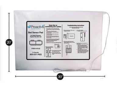 Proactive bed sensor pad with dimensions and contact information on a white background
