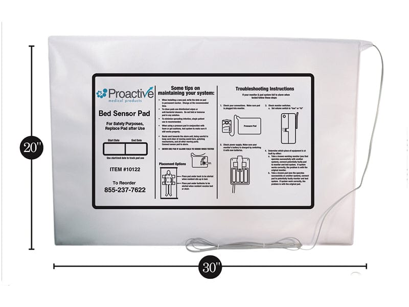 Proactive bed sensor pad with dimensions and contact information on a white background