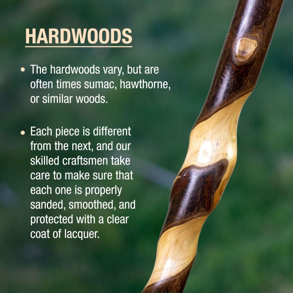 Wooden stick with text about hardwoods on a blurred green background