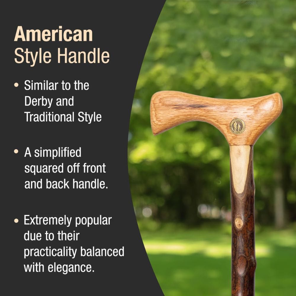 Wooden walking cane handle with text describing American style handle特点
