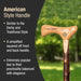 Wooden walking cane handle with text describing American style handle特点