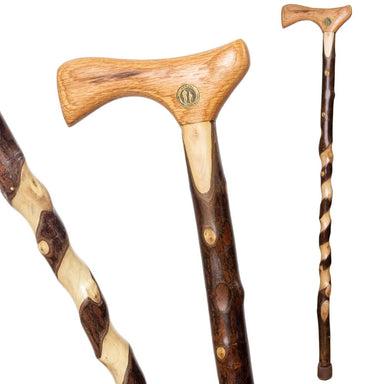 Three wooden walking sticks with different designs on a white background