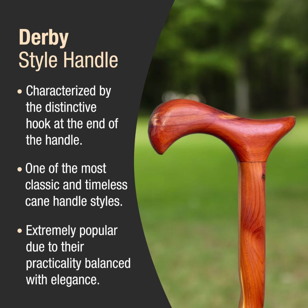 Wooden cane handle with text describing Derby style handles