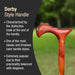 Wooden cane handle with text describing Derby style handles