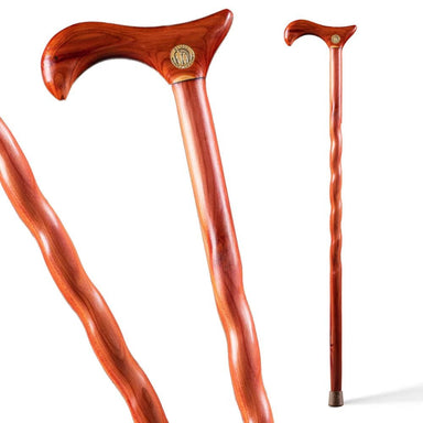 Wooden walking cane with decorative handle on a white background