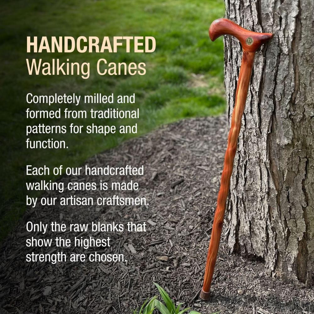 Handcrafted walking cane leaning against a tree with promotional text about traditional patterns and artisan craftsmanship.