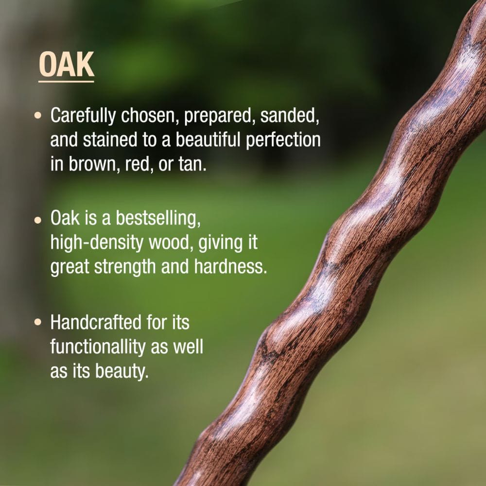 Close-up of an oak branch with text about oak wood properties on a blurred natural background.