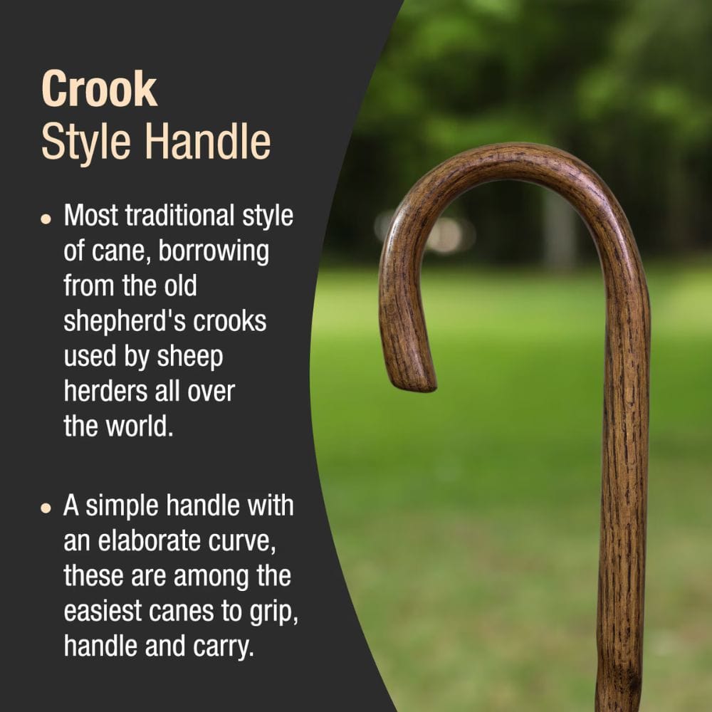 Wooden crook-style handle cane with text explaining its traditional design.