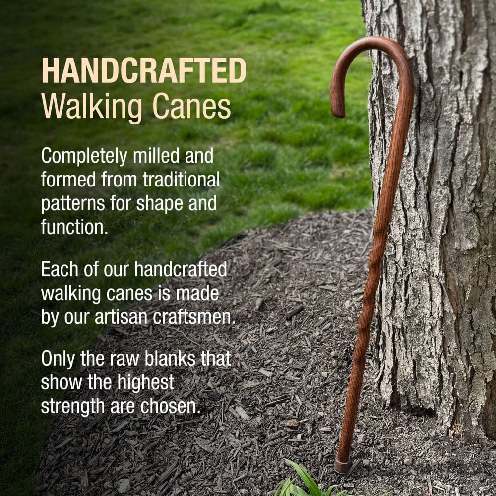Handcrafted walking cane leaning against a tree with promotional text about its craftsmanship.